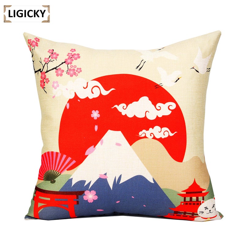 LIGICKY Set of 4 Farmhouse Japanese Style Decorative Throw Pillow Covers Fuji Mountain Print Linen Pillows for Couch Cushion Bed Outdoor Decor 18x18 Inch - Image 4